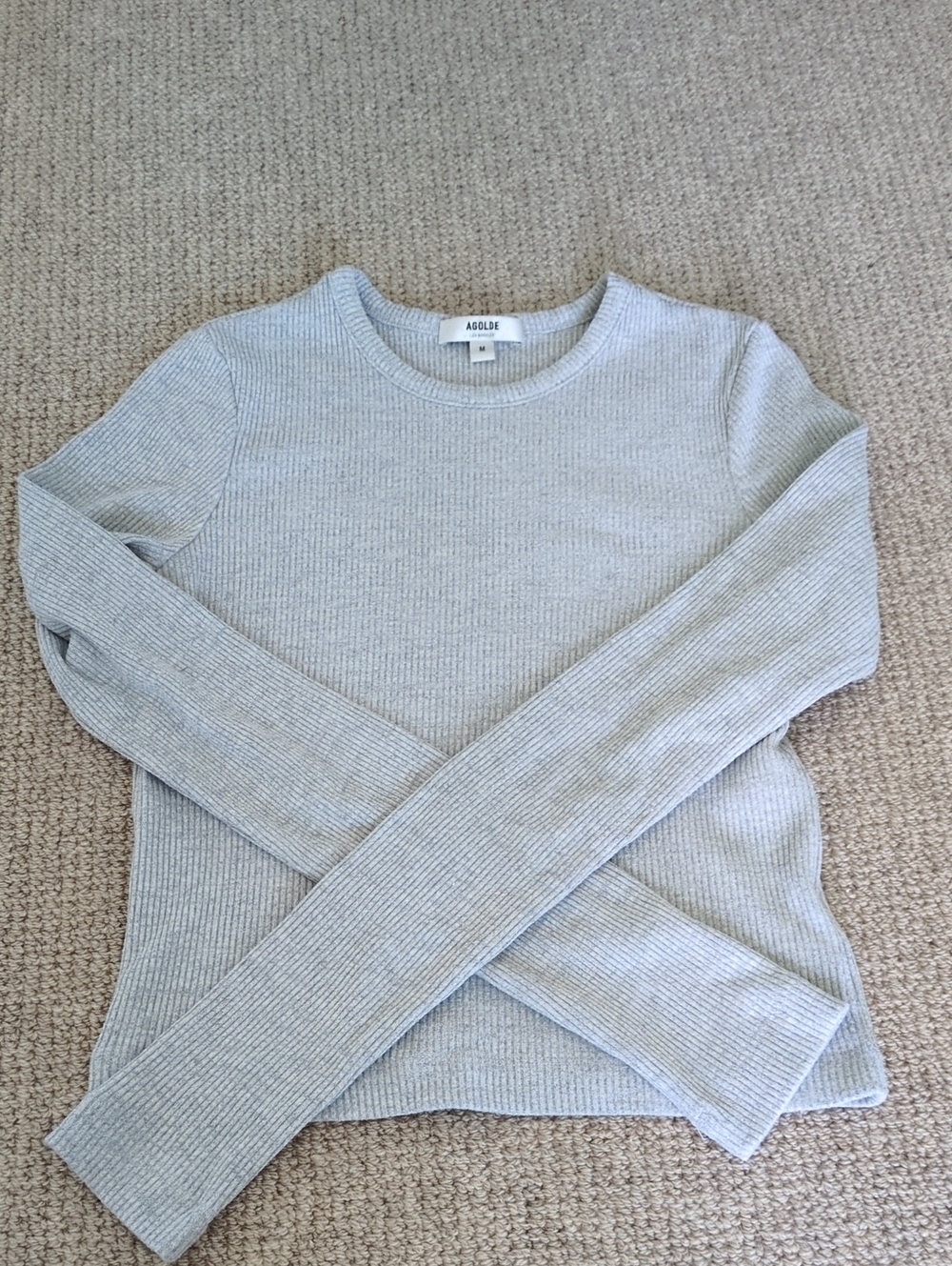 Agolde Alma Shrunken Ribbed Crewneck Sweater in Light Gray